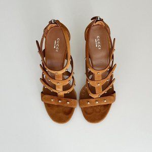 GUCCI Tan Leather Suede Caged Studded Sandals Heels Size 38.5